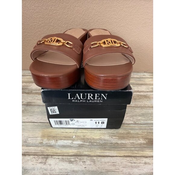 Lauren Ralph Lauren Roxanne Slide Sandals Polo Tan Leather Heel Size 11 NEW - Picture 2 of 15